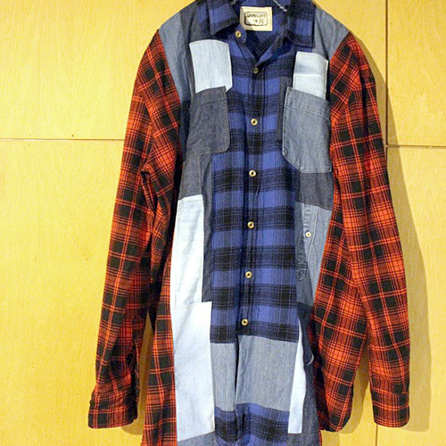 SAYOCAFEリメイク、再構築パッチワークの個性的オーバーシャツB シャツ  