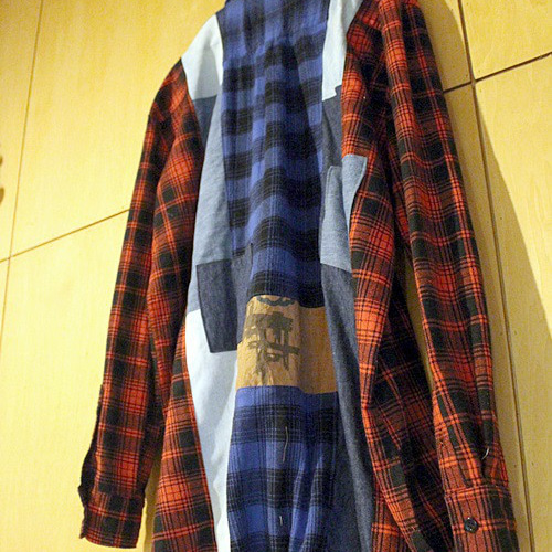 SAYOCAFEリメイク、再構築パッチワークの個性的オーバーシャツB シャツ  