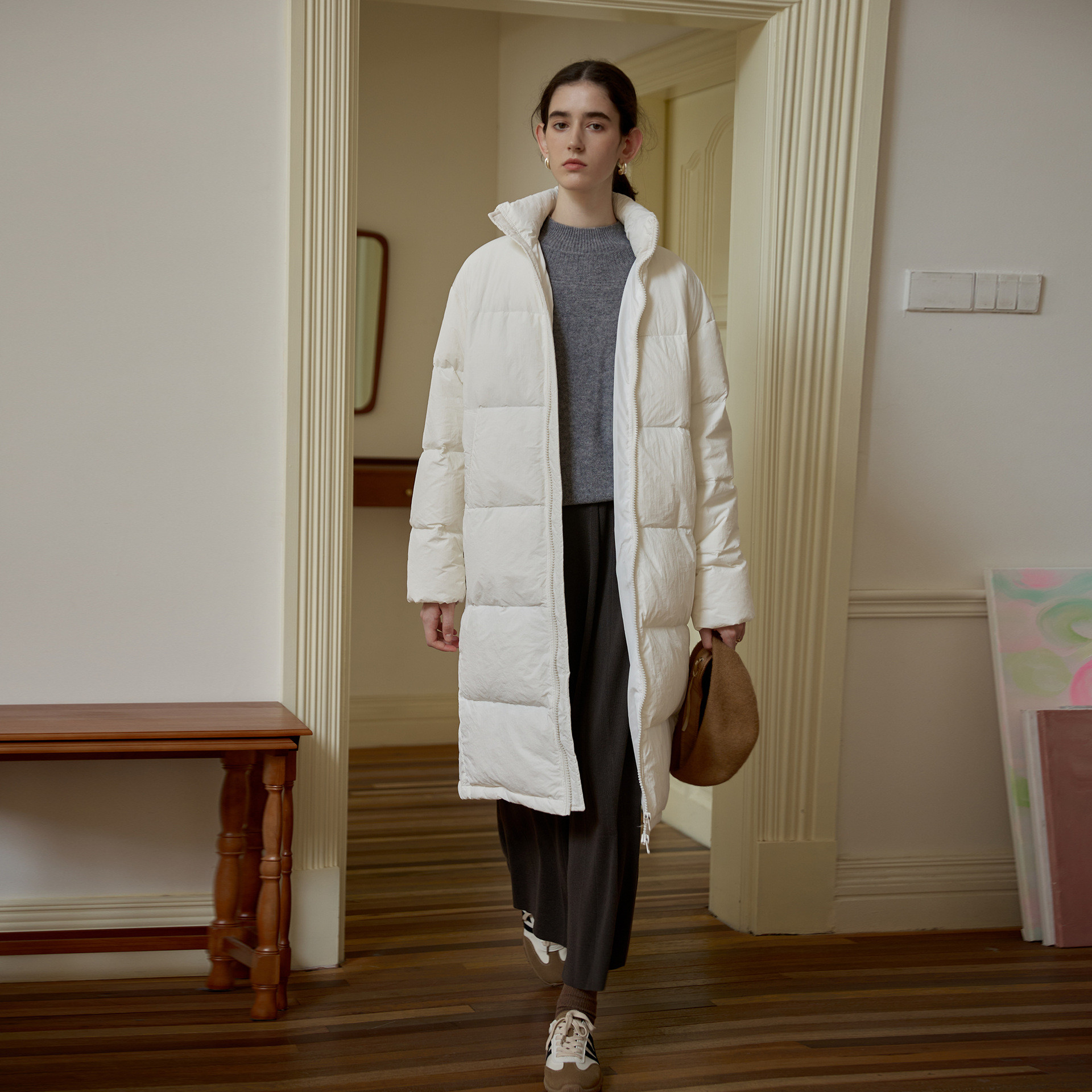 ハーフハイネック防風白鴨絨コート #白色