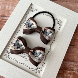 デニム風リボンの親子お揃いヘアアクセサリーセット（ゴムの交換ができ