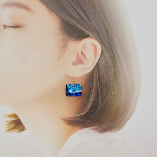 ゴッホ展】メモリーストーン(記石：きせき) 星月夜〔ピアス/イヤリング