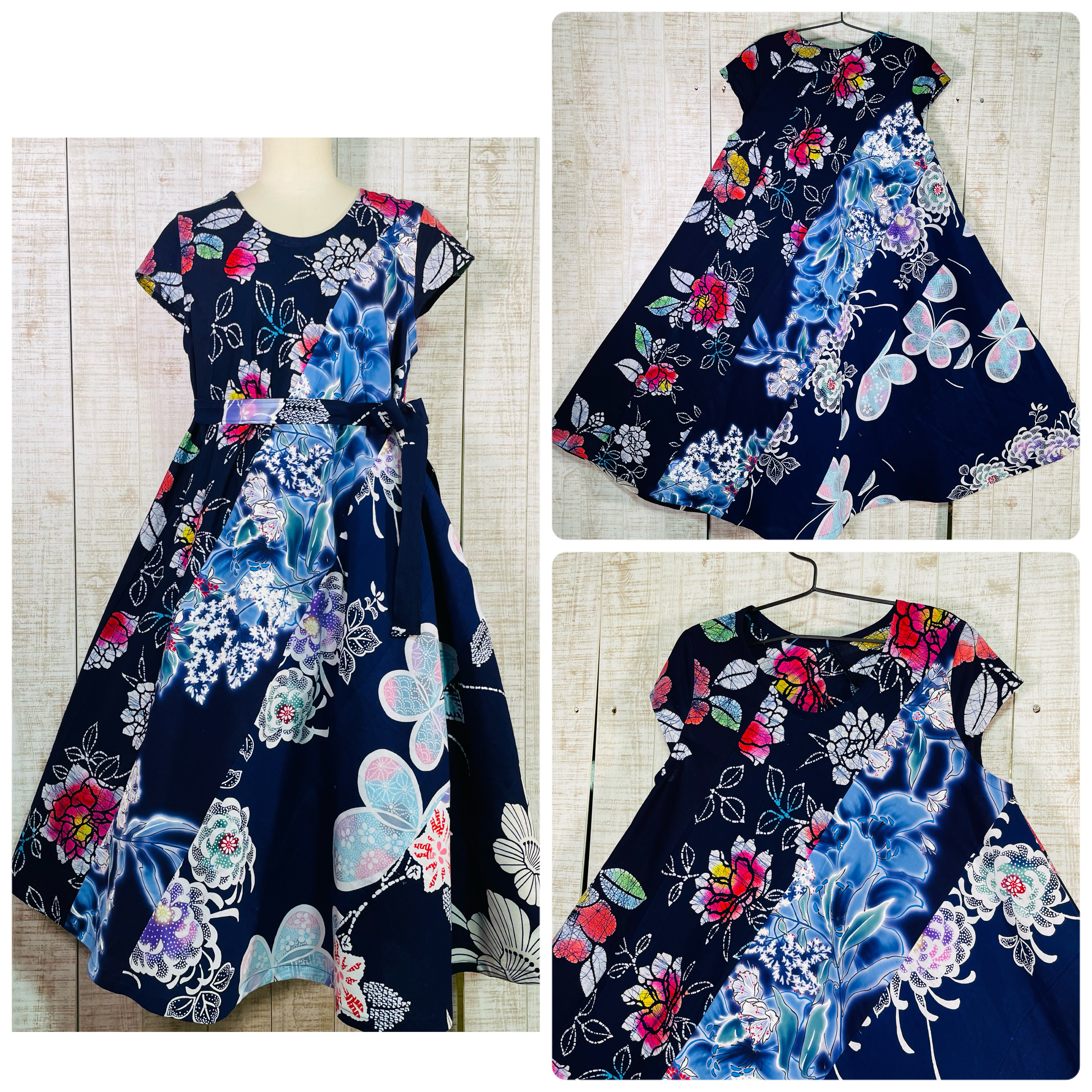 浴衣リメイク　フレンチ袖テントラインワンピース 浴衣リメイク　フレンチ袖テントラインワンピース