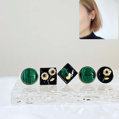 ブラック 美濃焼 グリーン マラカイト ピアス イヤリング 秋 ブルベ