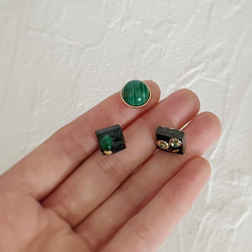 ブラック 美濃焼 グリーン マラカイト ピアス イヤリング 秋 ブルベ