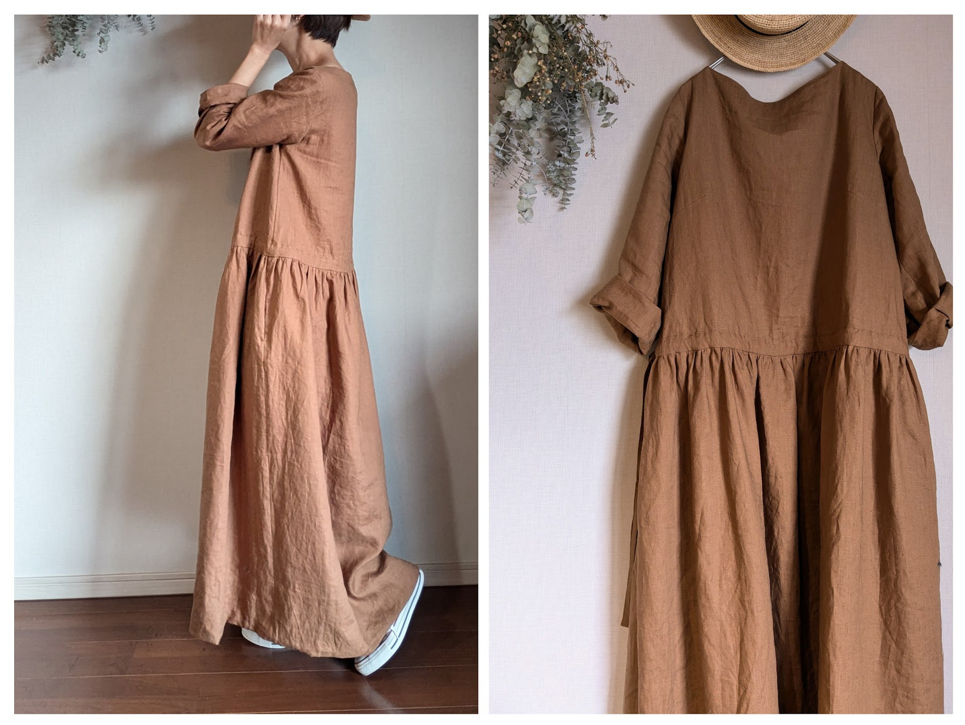 マキシ丈 ギャザーワンピース_キャラメルブラウン