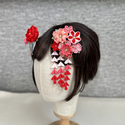 つまみ細工 七五三かんざしセット（3歳さん、7歳さん向け）赤 ピンク