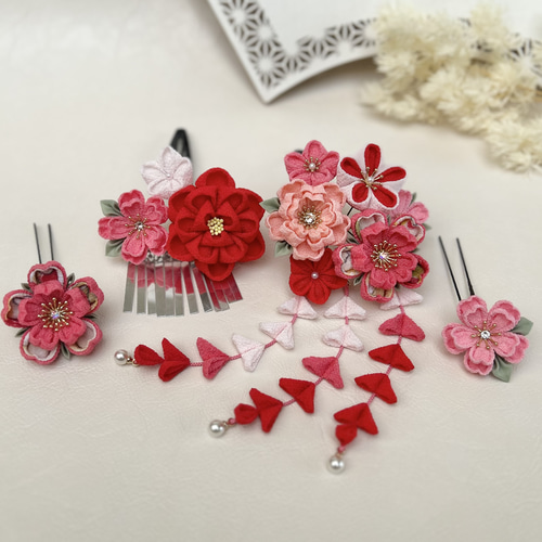 つまみ細工 七五三かんざしセット（3歳さん、7歳さん向け）赤 ピンク