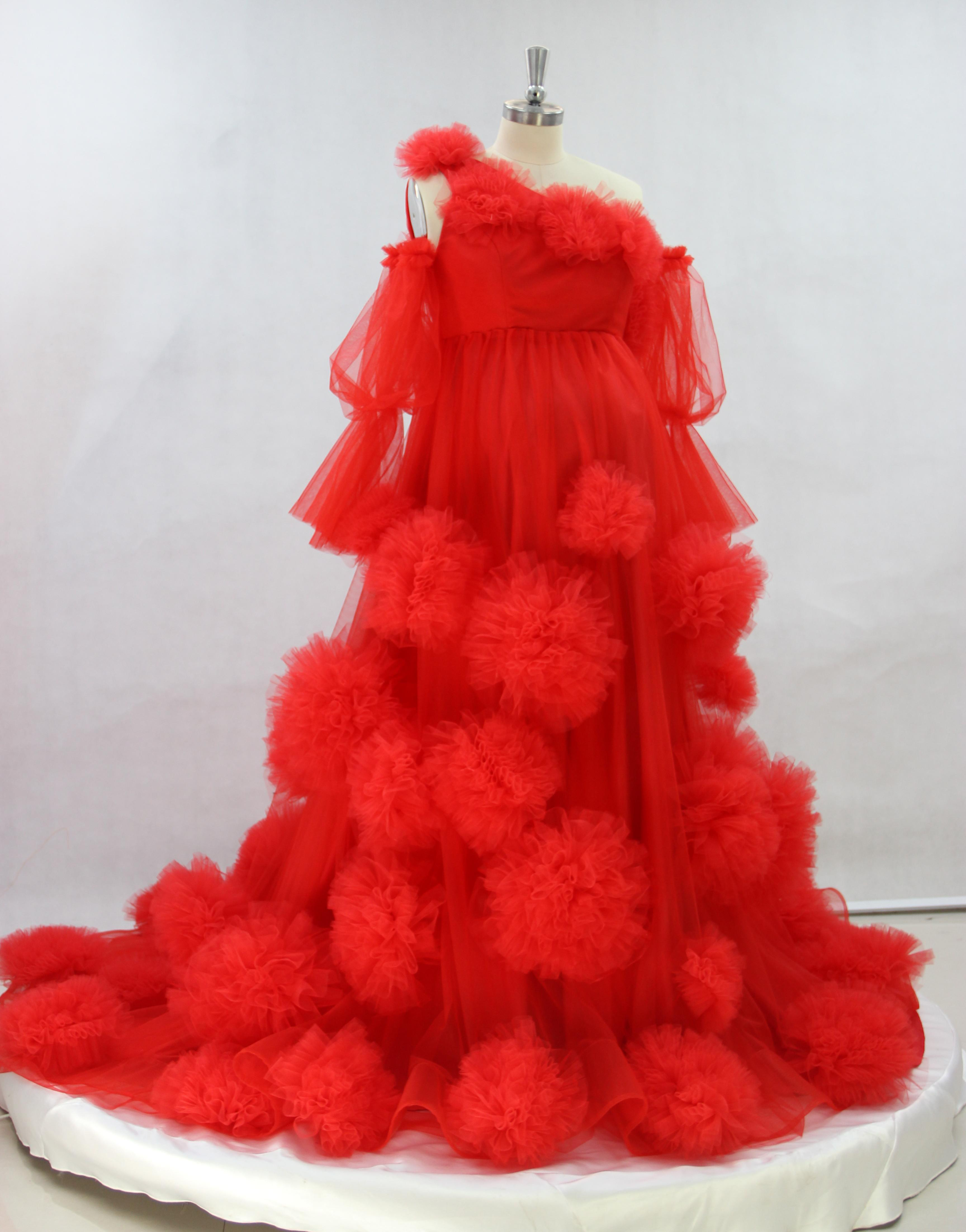 可愛い！妊娠マタニティードレス ボリューム感　写真屋撮影旅行　ふんわりチュール　紅色/ブラック/アイボリー　カラー変更可