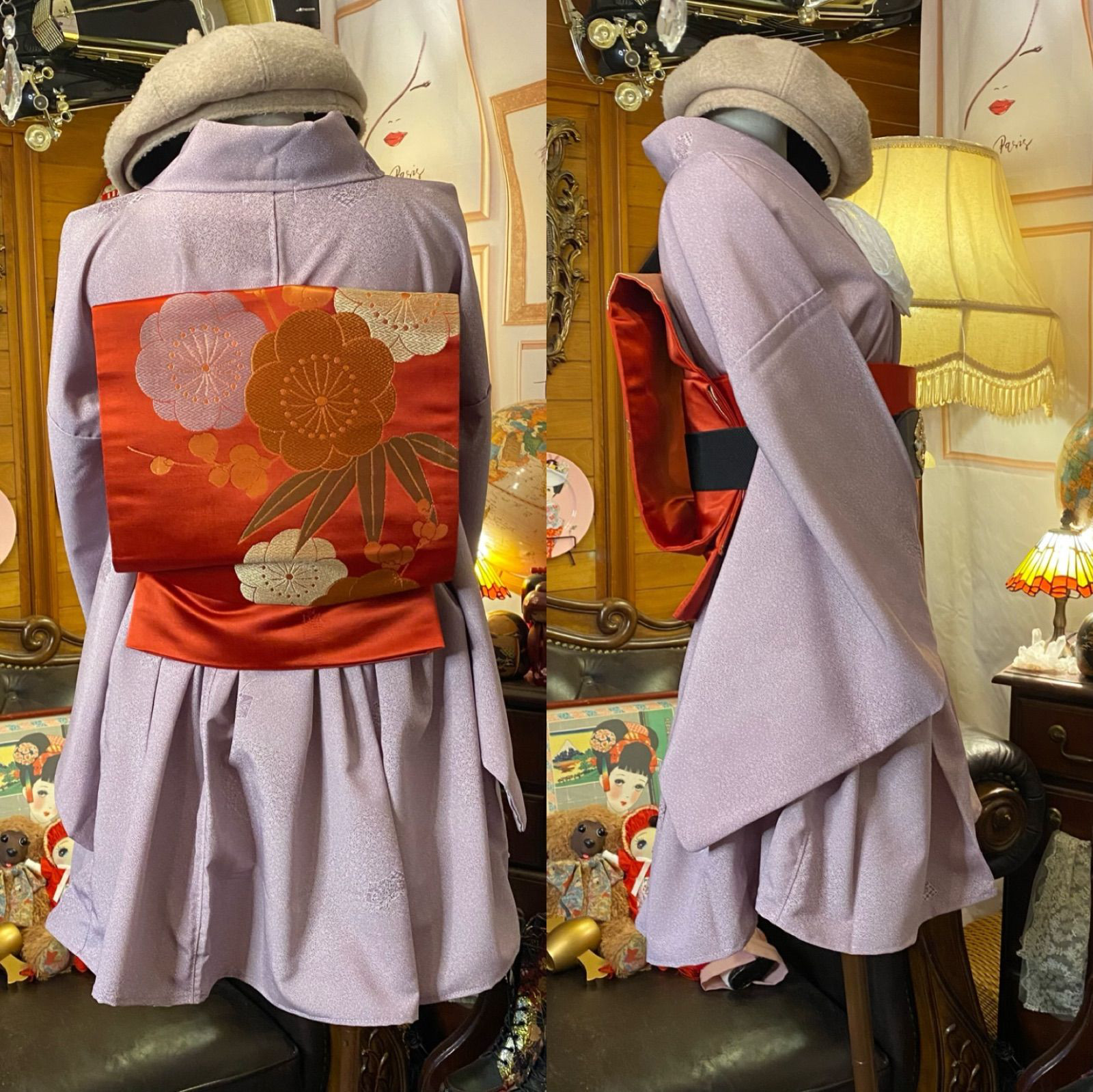 和洋折衷 単衣着物 ミニ丈 ワンピース ドレス 和ロリ 2部式作り帯 京袋帯 お太鼓 リメイク MKW-14