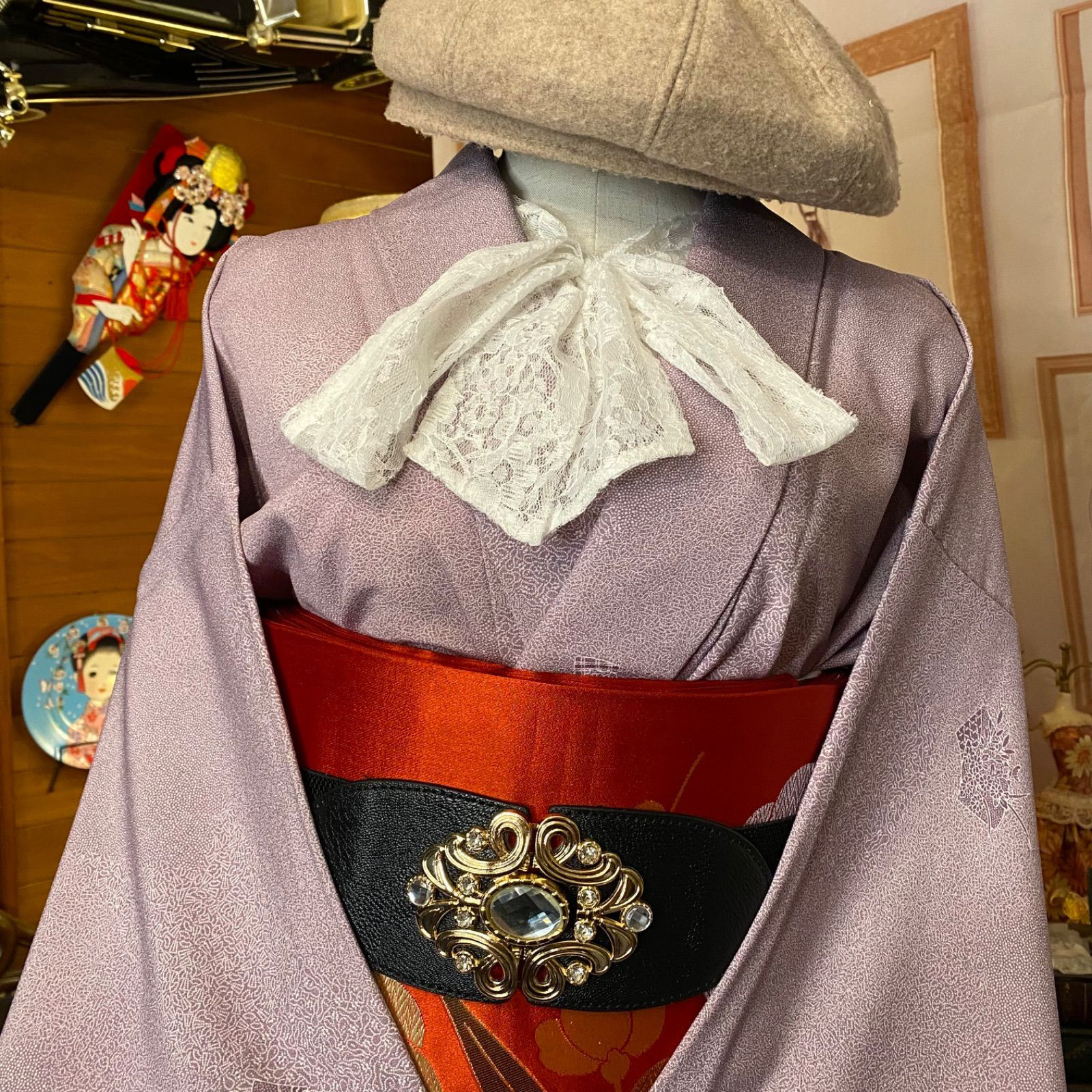 和洋折衷 単衣着物 ミニ丈 ワンピース ドレス 和ロリ 2部式作り帯 京袋帯 お太鼓 リメイク MKW-14