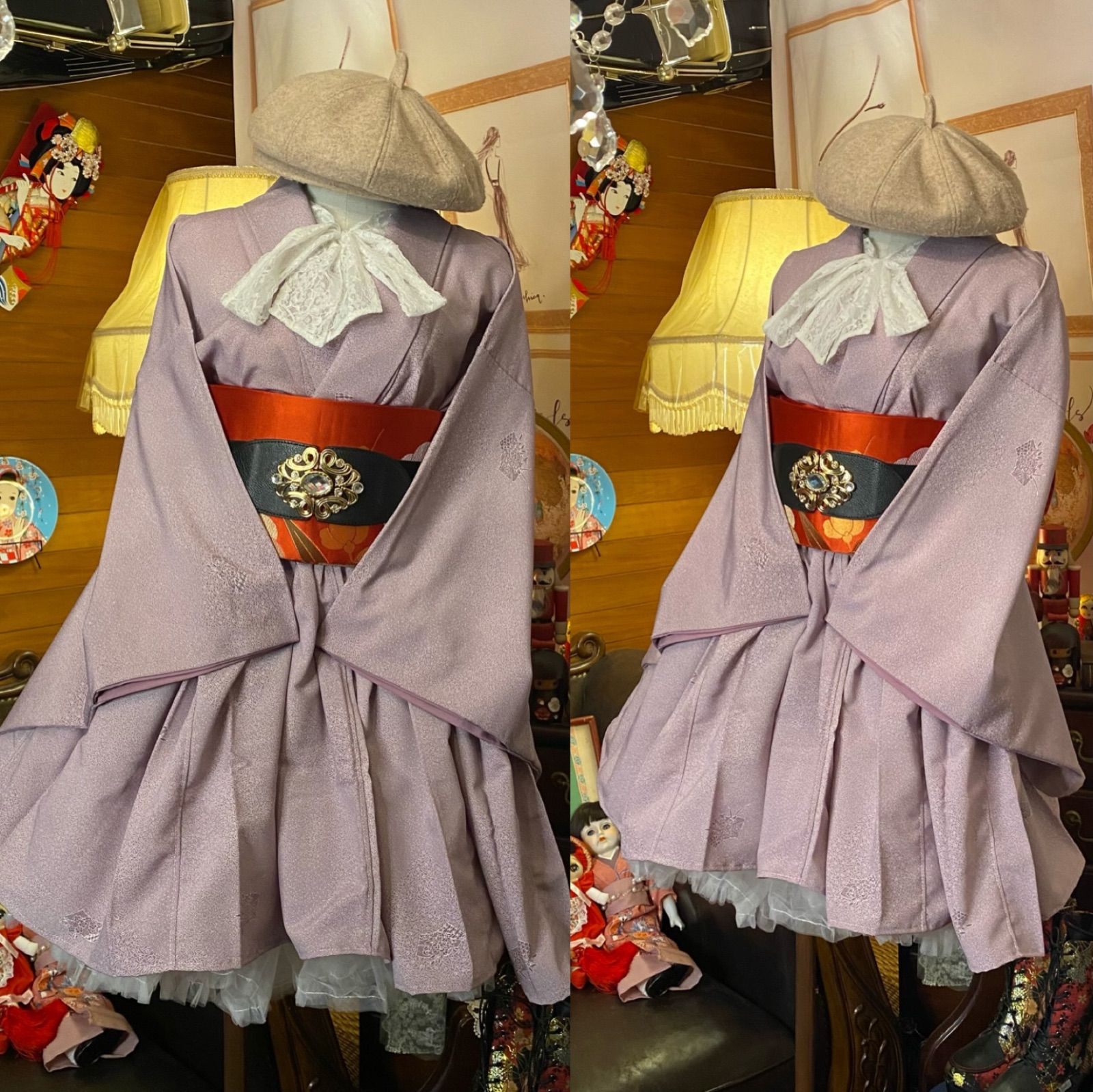 和洋折衷 単衣着物 ミニ丈 ワンピース ドレス 和ロリ 2部式作り帯 京袋帯 お太鼓 リメイク MKW-14