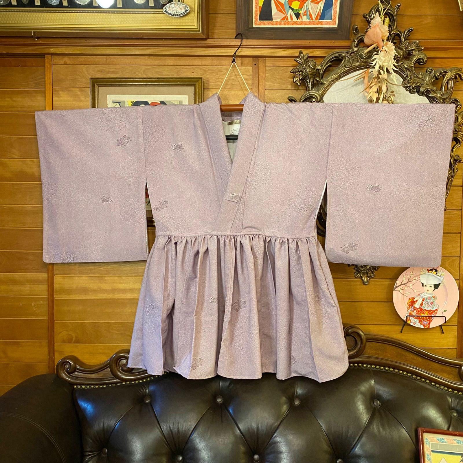 和洋折衷 単衣着物 ミニ丈 ワンピース ドレス 和ロリ 2部式作り帯 京袋帯 お太鼓 リメイク MKW-14