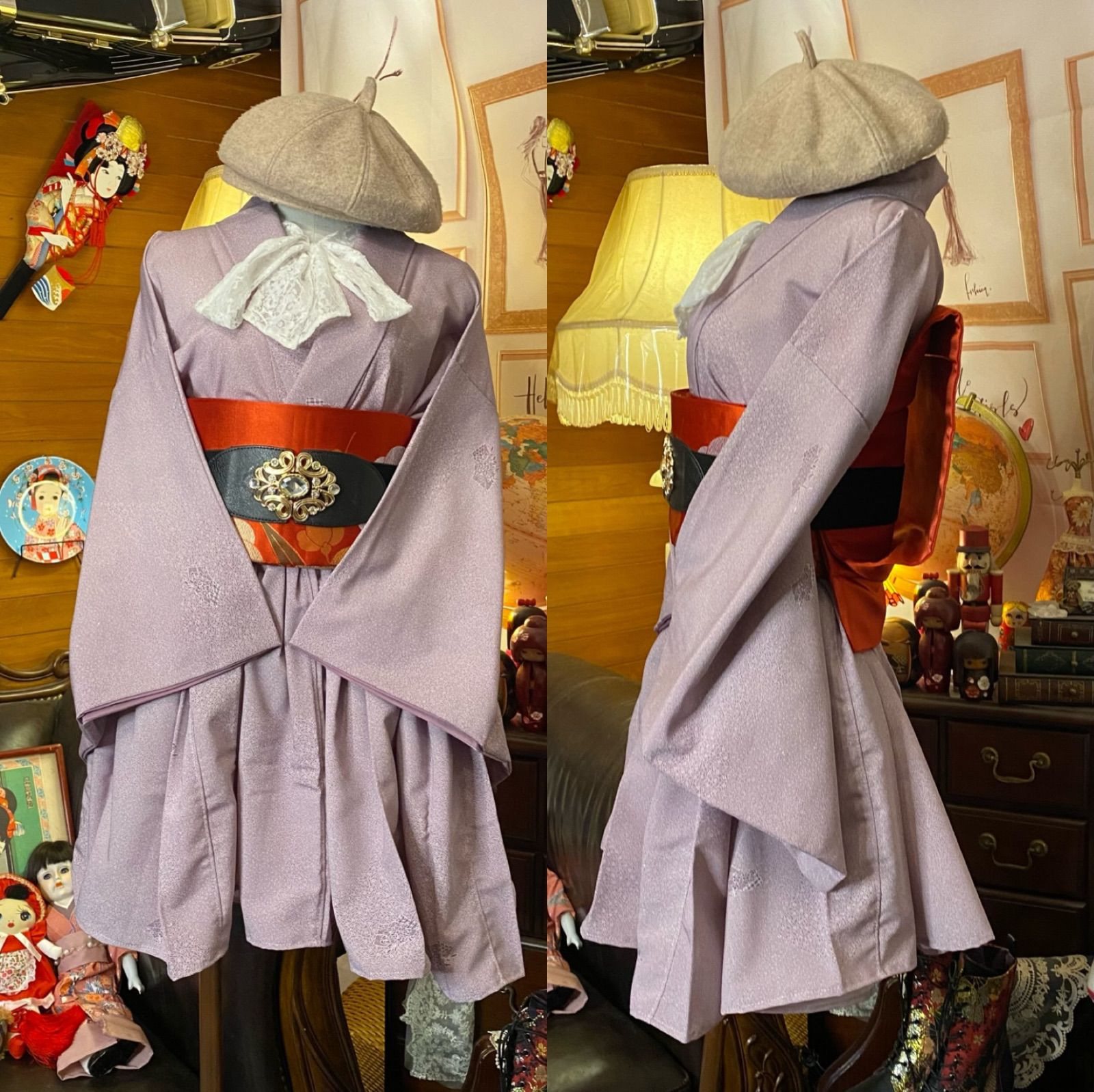 和洋折衷 単衣着物 ミニ丈 ワンピース ドレス 和ロリ 2部式作り帯 京袋帯 お太鼓 リメイク MKW-14