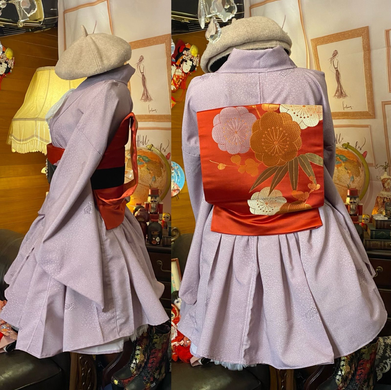 和洋折衷 単衣着物 ミニ丈 ワンピース ドレス 和ロリ 2部式作り帯 京袋帯 お太鼓 リメイク MKW-14