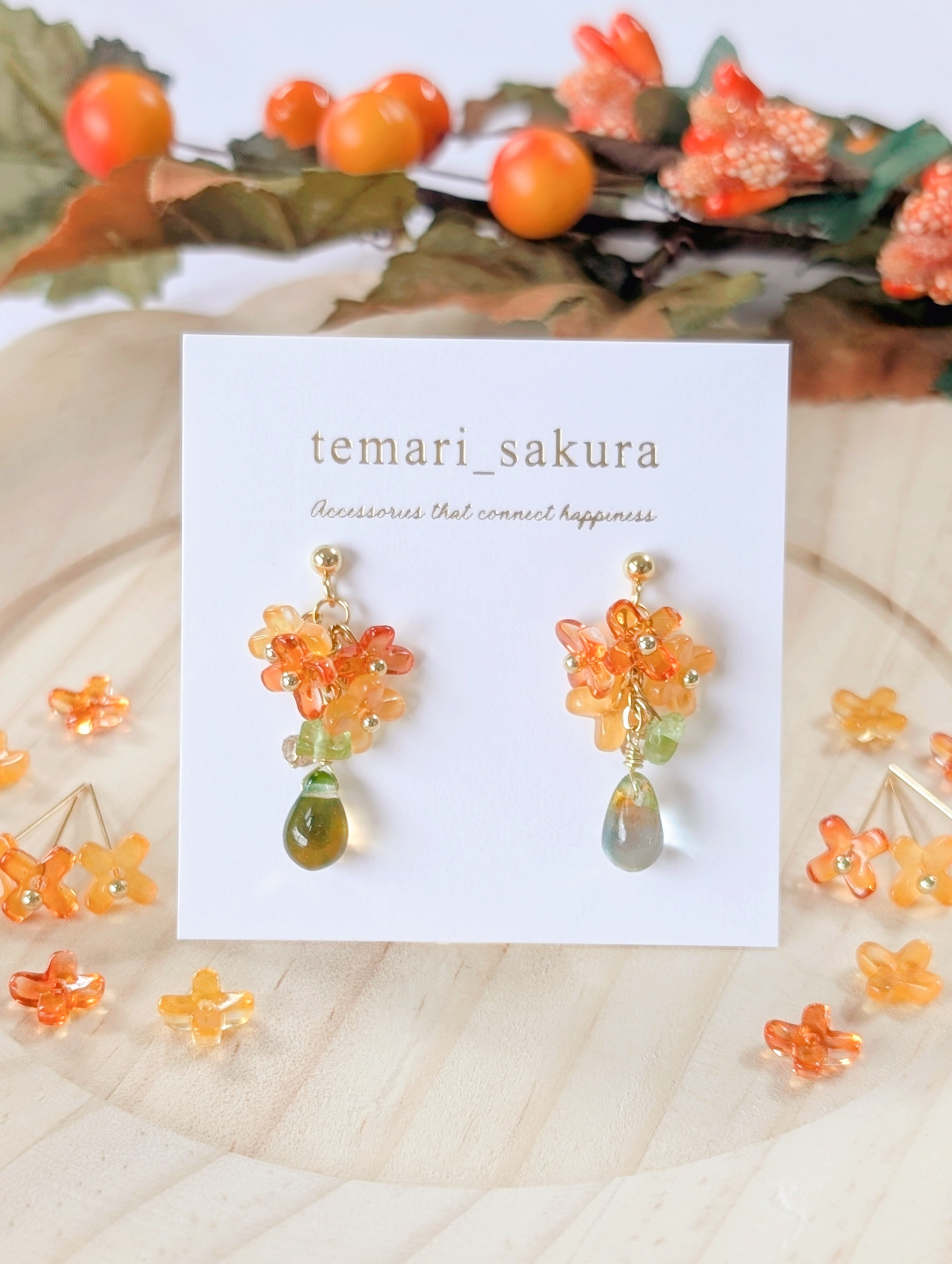 金木犀 アクセサリー ショート ガラスビーズ キンモクセイ