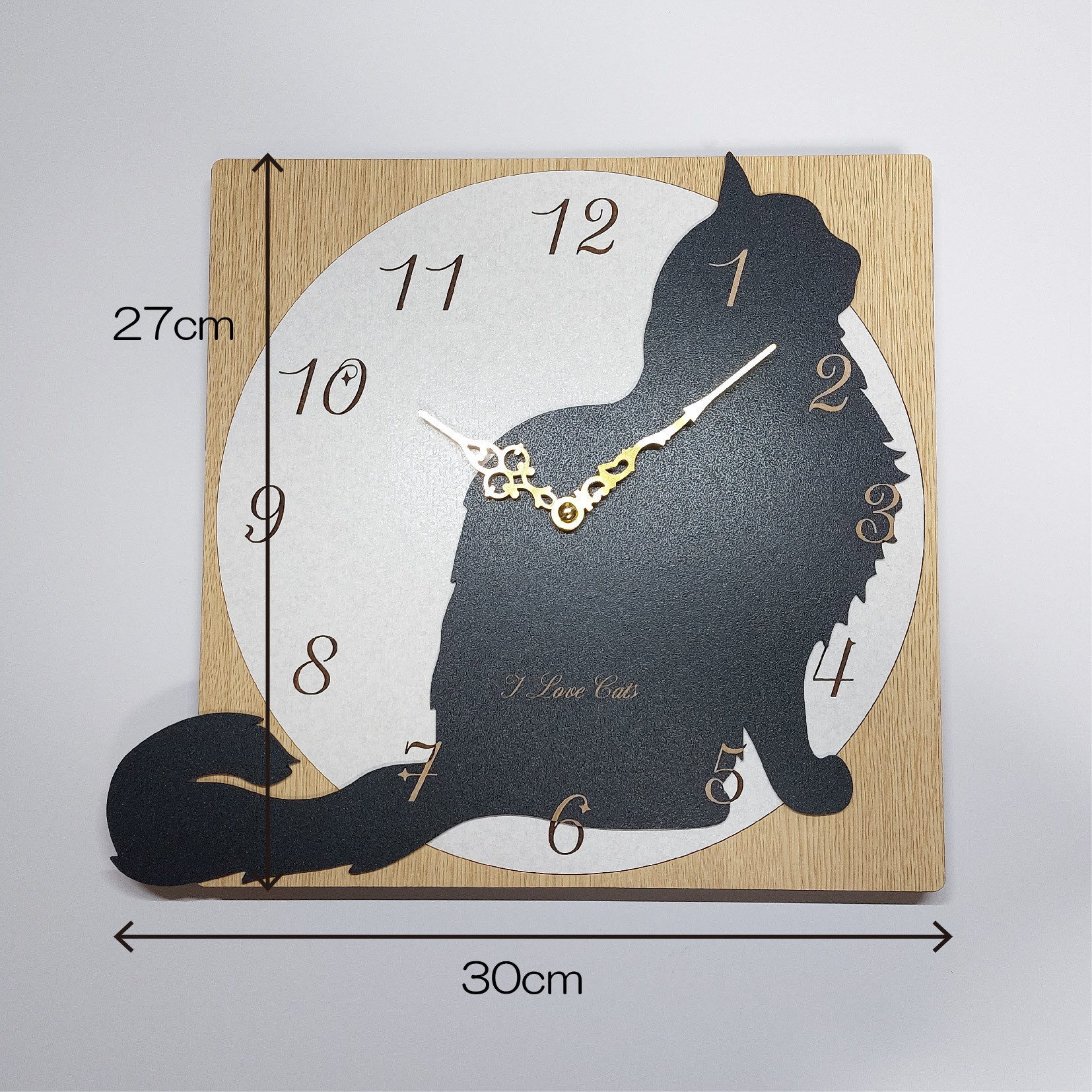 【期間限定値下げ3000円引き】【文字入れ】スクゥエア型　ねこちゃん はみ出し壁掛け時計 猫 長毛種　黒　 静音時計