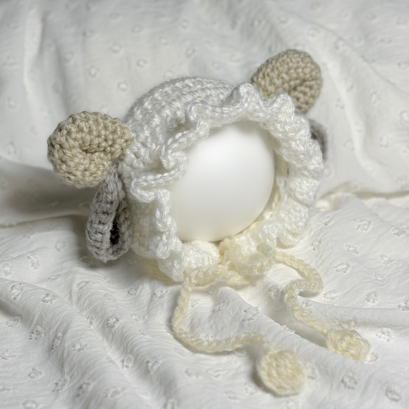 ベビーボンネット　ひつじ耳 ヒツジの帽子 ボンネット ベビー 0-12ヶ月 帽子(ベビー・キッズ