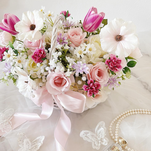 バスケットフラワーブーケ☆ブートニア オーダーメイド / アーティフィシャルフラワーのバスケット