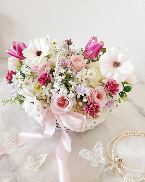 バスケットブーケ ウエディングブーケ＆ブートニア 造花 ピンクブーケ