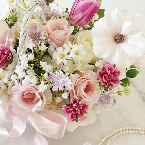 【美品】アーティシャルフラワー バスケットブーケ＆ブートニア＆ヘアパーツセット バスケットブーケ ウエディングブーケ＆ブートニア 造花 ピンクブーケ