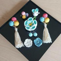 つまみ細工   ♡ハート耳うさぎとまんまる和玉♡    ♪被布飾り&ふっくらお花の髪飾り♪　七五三・初節句　3歳 2枚目の画像