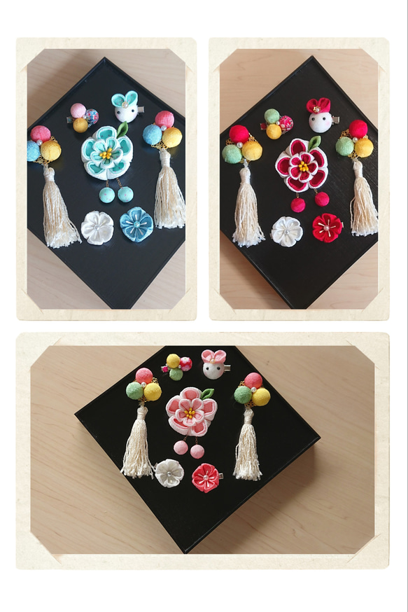つまみ細工   ♡ハート耳うさぎとまんまる和玉♡    ♪被布飾り&ふっくらお花の髪飾り♪　七五三・初節句　3歳 19枚目の画像