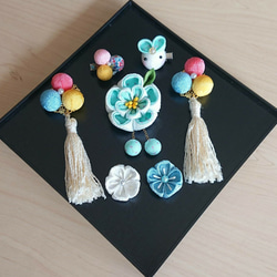 つまみ細工   ♡ハート耳うさぎとまんまる和玉♡    ♪被布飾り&ふっくらお花の髪飾り♪　七五三・初節句　3歳 16枚目の画像