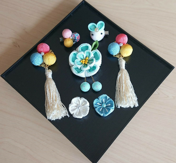 つまみ細工   ♡ハート耳うさぎとまんまる和玉♡    ♪被布飾り&ふっくらお花の髪飾り♪　七五三・初節句　3歳 16枚目の画像