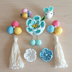 つまみ細工   ♡ハート耳うさぎとまんまる和玉♡    ♪被布飾り&ふっくらお花の髪飾り♪　七五三・初節句　3歳 1枚目の画像