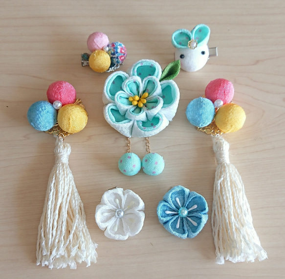 つまみ細工   ♡ハート耳うさぎとまんまる和玉♡    ♪被布飾り&ふっくらお花の髪飾り♪　七五三・初節句　3歳 1枚目の画像