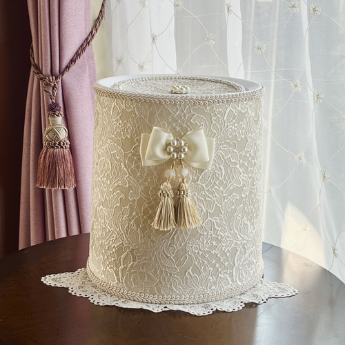 フタ付きゴミ箱 ホワイト リボン タッセル ゴミが見えない ビジュー