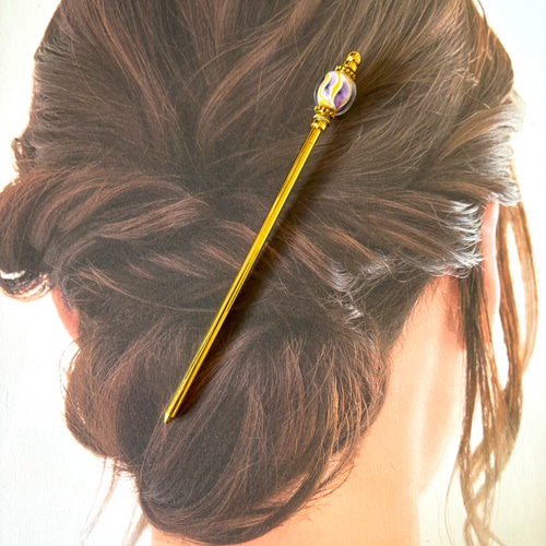 かんざし 紫と黄色のストライプ模様の泡玉とんぼ玉 一本簪 透明