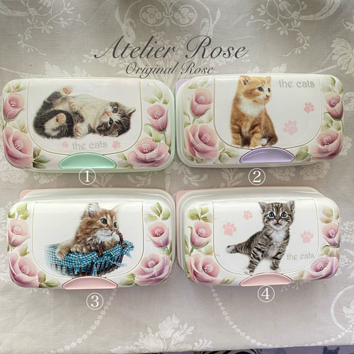 デコパージュ ꔛ‬ꕤ ウェットティッシュケース♡小物入れ♡インテリア雑貨♡薔薇 ♡可愛いネコとバラのウエットティッシュケース#手描きのバラ