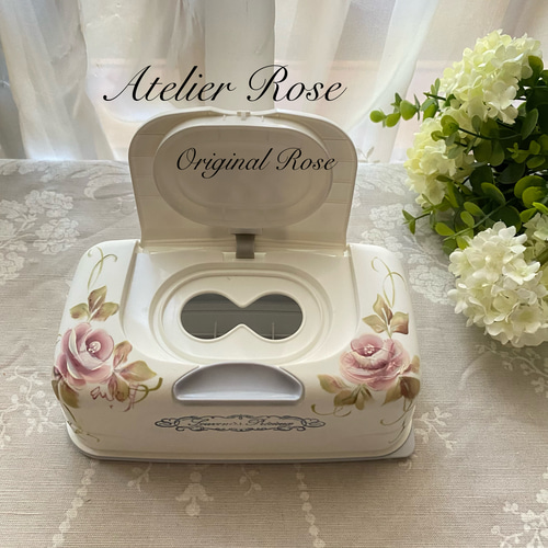 デコパージュ ꔛ‬ꕤ ウェットティッシュケース♡小物入れ♡インテリア雑貨♡薔薇 ♡可愛いネコとバラのウエットティッシュケース#手描きのバラ