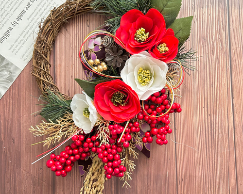 お正月リース♪No.10 No.102 南天と紅白椿のお正月リース2025 ハンドメイドお正月飾り和風