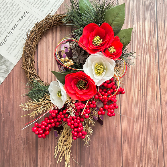 No.102 南天と紅白椿のお正月リース2025 ハンドメイドお正月飾り和風