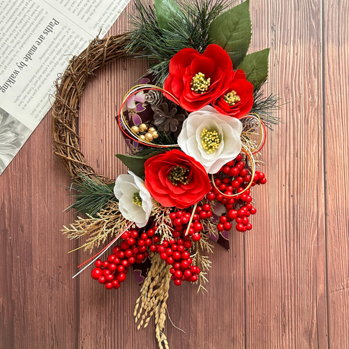 No.102 南天と紅白椿のお正月リース2025 ハンドメイドお正月飾り和風