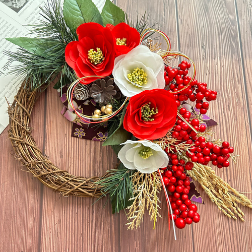 No.102 南天と紅白椿のお正月リース2025 ハンドメイドお正月飾り和風