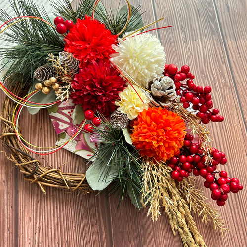 No.103 南天と紅白マムのお正月リース2025 ハンドメイドお正月飾り和風