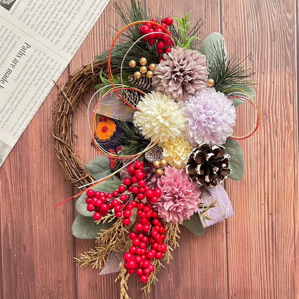 No.104 南天と紫マムのお正月リース2025 ハンドメイドお正月飾り和風