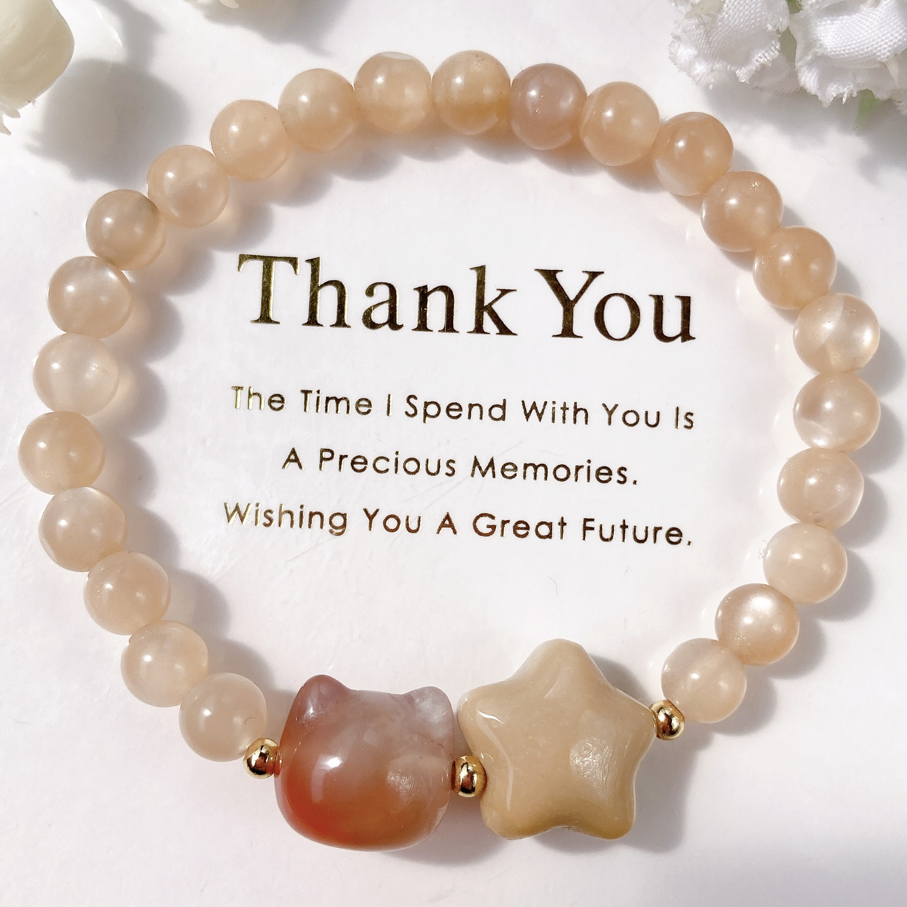 ˚✧₊⁎一点のみ˚✧₊⁎オレンジムーンストーンお星様塩源瑪瑙猫ちゃん天然石ブレスレット