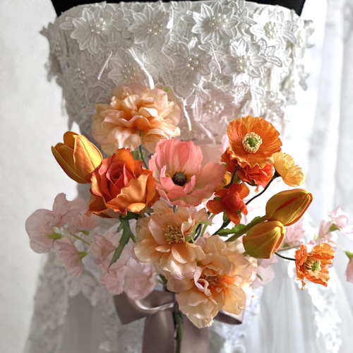 sale　ウェディングブーケ　造花　アンスリウム　チューリップ　ピンク　オレンジ sale ウェディングブーケ 造花 アンスリウム チューリップ ピンク