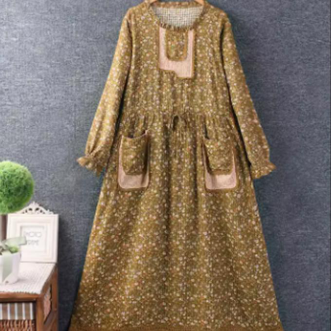 春服新モデル 甘い 丸首 刺繍 ワンピース 長袖 ゆったり ロングスカート