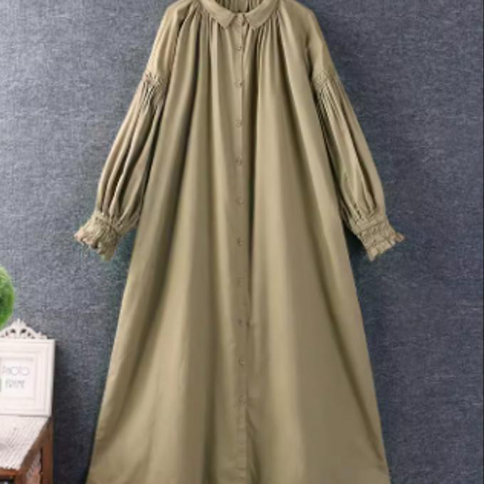 春秋服新モデル 甘い 立襟 ゆったり ロングスカート 綿麻 純色 長袖 ワンピース