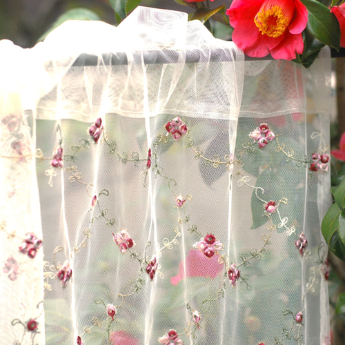 カフェカーテン☆花柄☆チュールレース「オールドローズ140・60