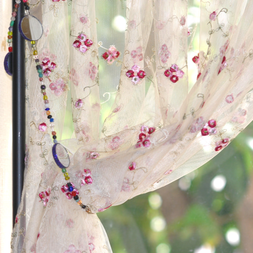 カフェカーテン☆花柄☆チュールレース「オールドローズ140・60