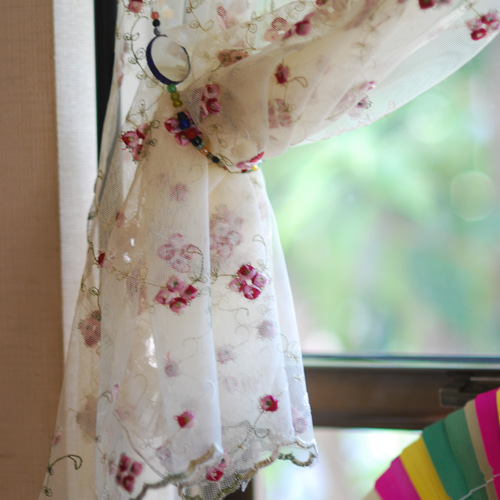 カフェカーテン☆花柄☆チュールレース「オールドローズ140・60