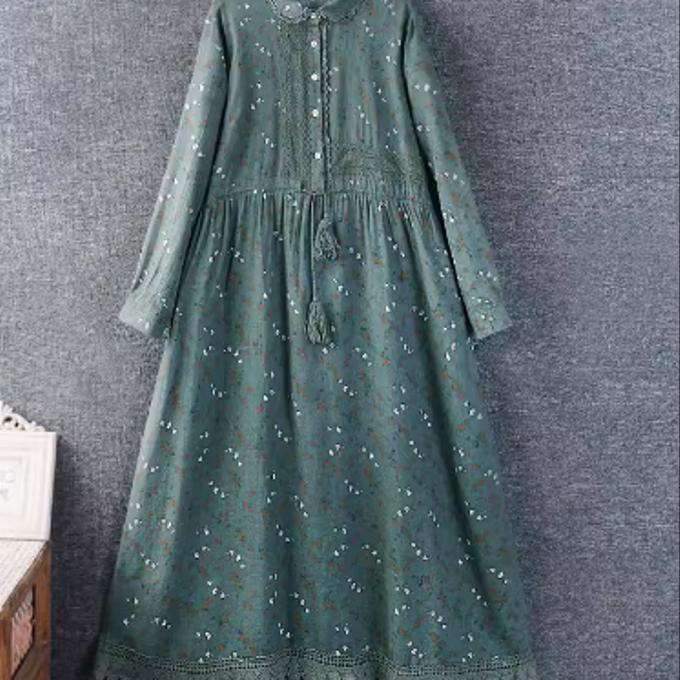 春の新しい レトロ 綿麻 ワンピース 長袖 ゆったり ロングスカート