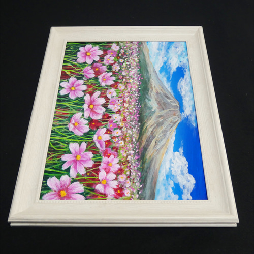 油絵 油彩 油彩画 絵画【コスモスと富士山】 絵画 HR 通販 18286384