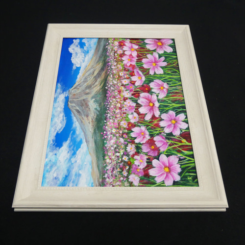 油絵 油彩 油彩画 絵画【コスモスと富士山】 絵画 HR 通販 18286384